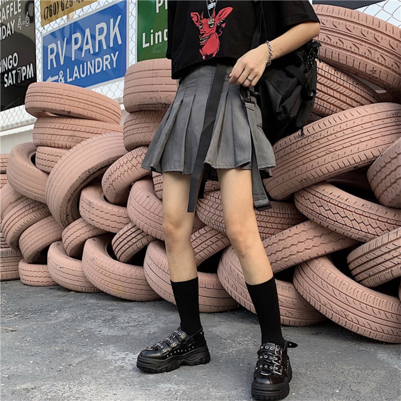 Chân Váy Chữ A Mini Lưng Cao Màu Trơn Phối Khóa Kéo Phong Cách Harajuku