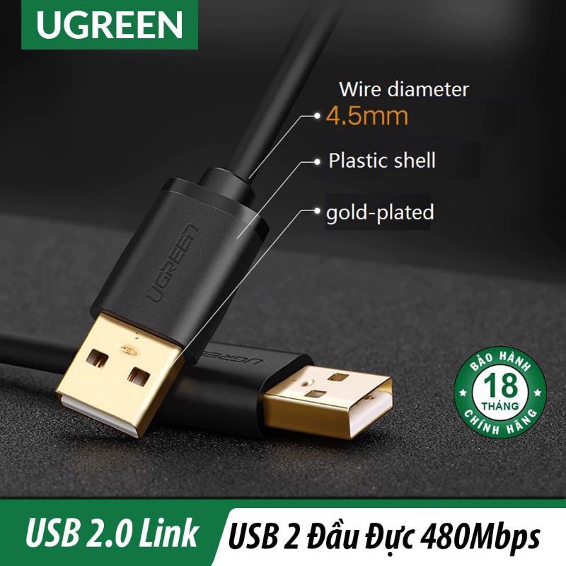 Dây USB 2.0 2 đầu đực ( dài từ 0.5m, 1m, 2m, 3m UGREEN US102 ) - Hàng Chính Hãng