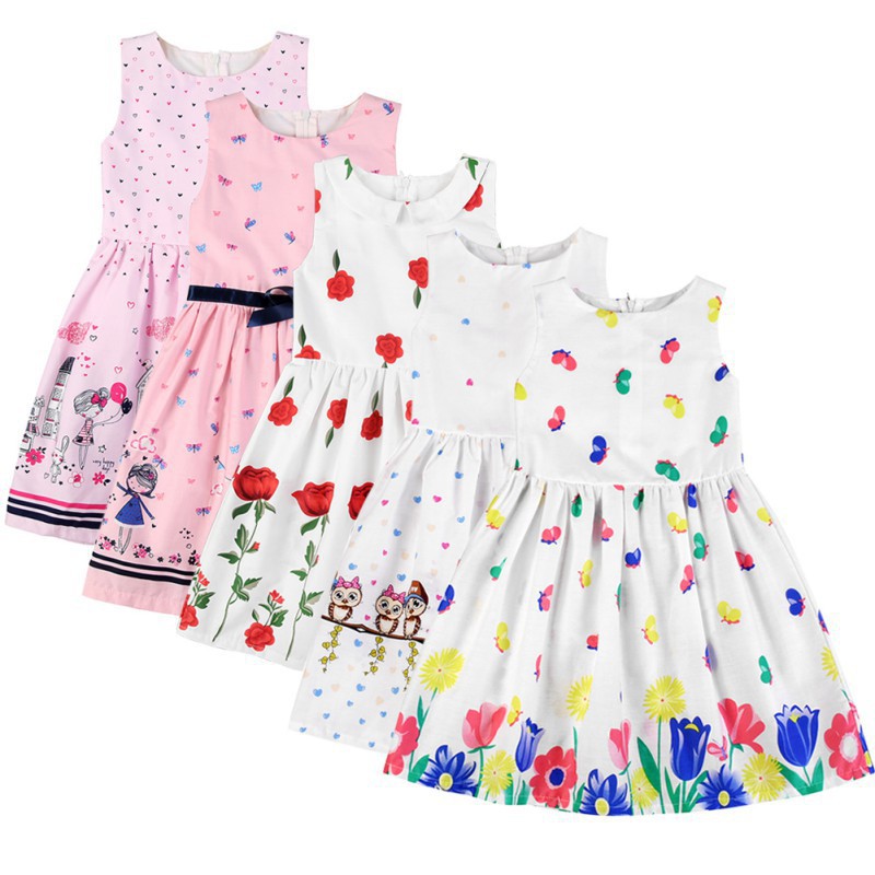 Đầm xòe không tay đính nơ họa tiết xinh xắn cho bé gái