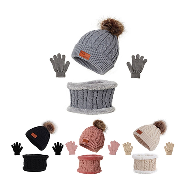Set 3 Món Gồm Mũ Len + Găng Tay + Găng Tay + Khăn Choàng + Găng Tay Bằng Lông Màu Trơn