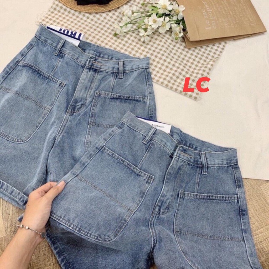 Short Bò Phối Hai Túi Trước BIGTOE Nữ ♥ Quần đùi jean dáng suông gập gấu cạp khuy lưng cao Ulzzang HOT ♥ | BigBuy360 - bigbuy360.vn