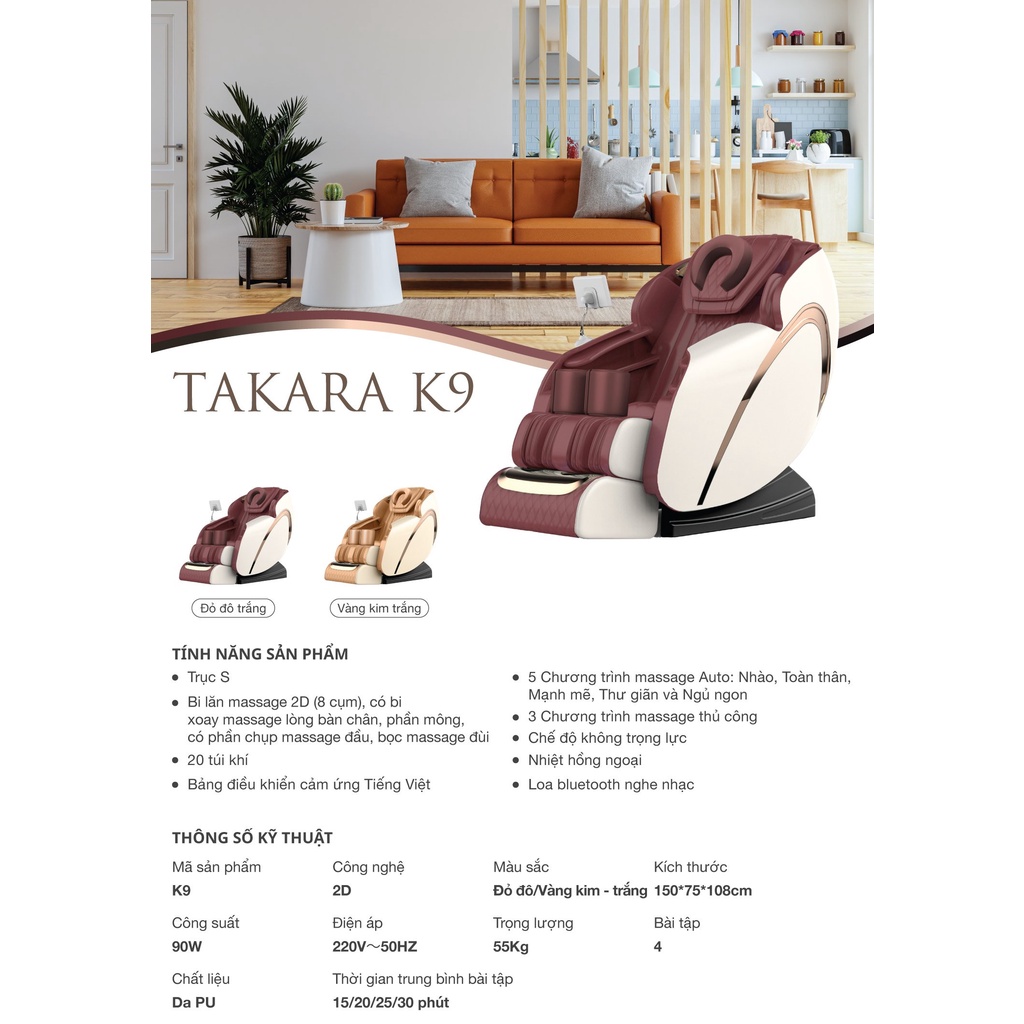 Ghế Massage Toàn Thân Takara K9, Với Con Lăn Mông Và Trục Cơ Sở Kéo Dài - Ruby group