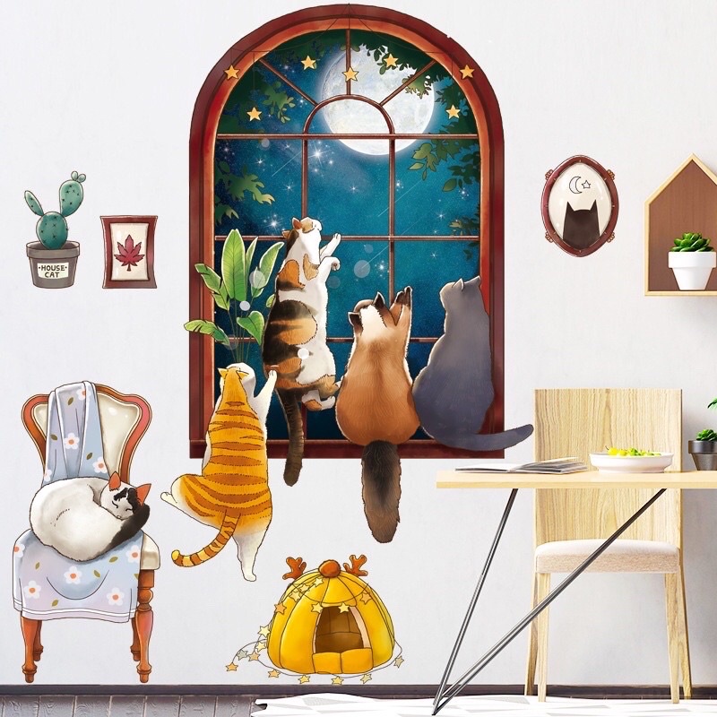 Decal dán tường mèo ngồi cửa sổ, sẵn keo dán