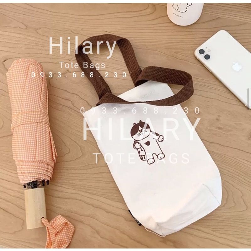 Túi Vải Đựng Ly Giữ Nhiệt In Mèo Và Cún Dễ Thương Dây Đai Mỏng