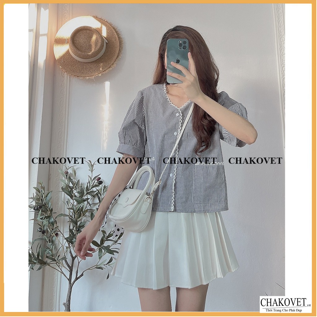 Áo sơ mi nữ ngắn tay đẹp kiểu kẻ CKA867, áo kiểu nữ cổ V viền ren 2 túi phong cách mới kiểu dáng hàn quốc Retro freesize | BigBuy360 - bigbuy360.vn