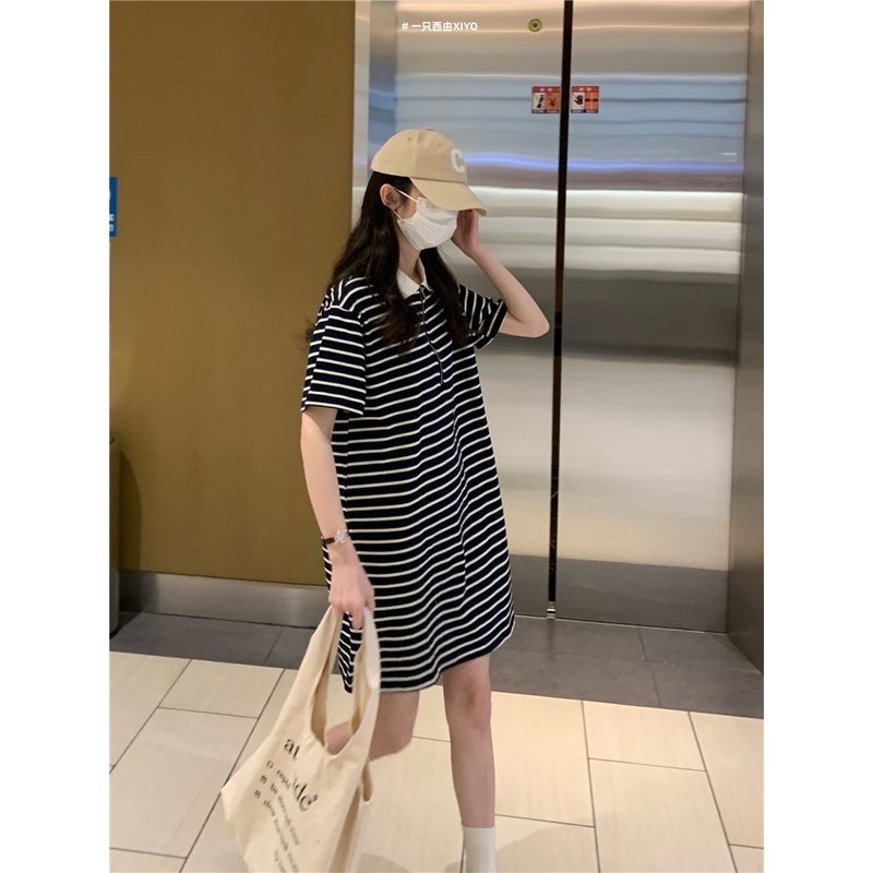 Đầm polo XIAOZHAINV ngắn tay kẻ sọc phong cách Hàn Quốc thời trang hè cho nữ