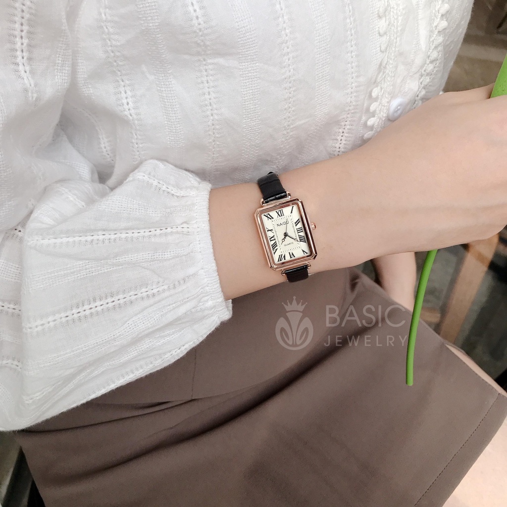 Đồng hồ nữ thời trang dây da NAIDU mặt số la mã hình chữ nhật Basic Jewelry DH13
