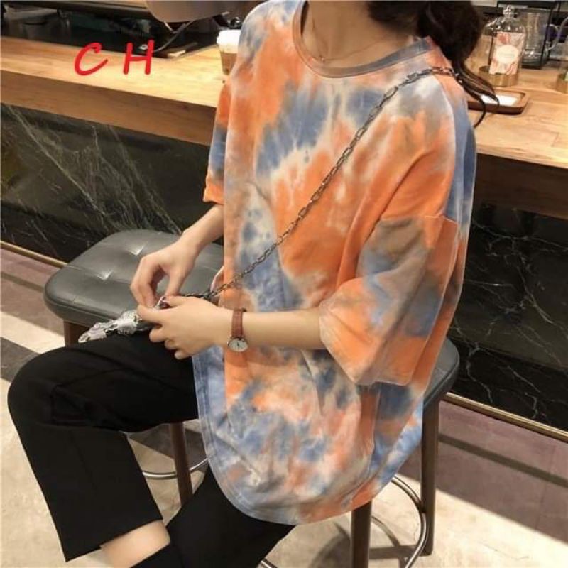 áo thun, áo phông loang trơn hai màu hồng và cam tay lỡ unisex freesize dáng rộng thụng nam nữ kèm ảnh thật chất cotton