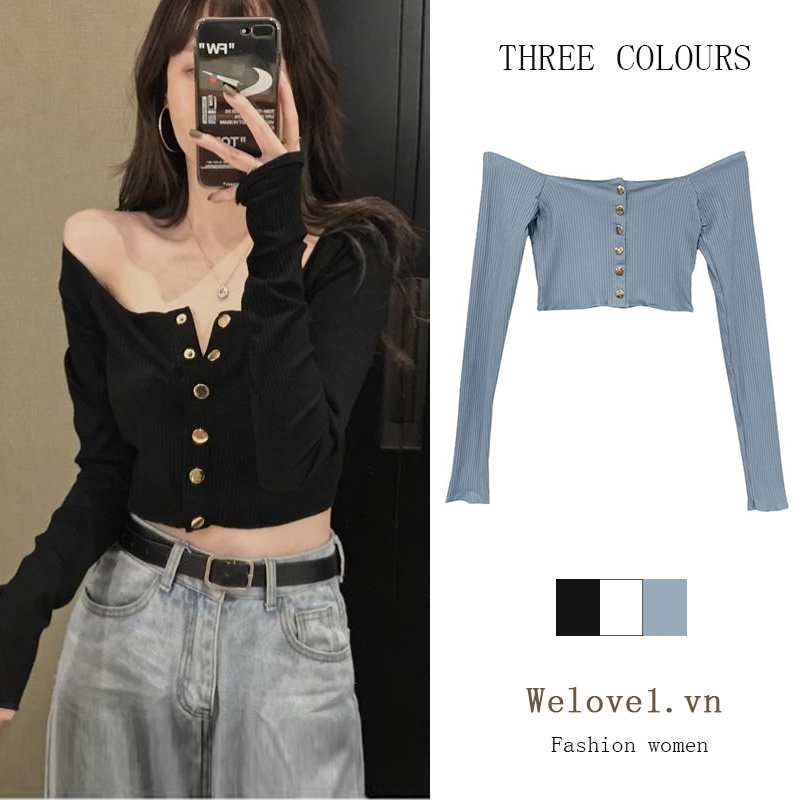 Dễ Thương Áo Kiểu Tay Dài Trễ Vai Quyến Rũ Trẻ Trung Cho Bạn Gái