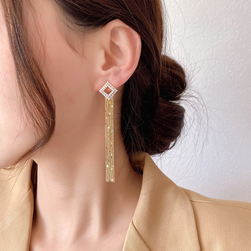 Bông Tai Bạc 925 Dáng Dài Hình Tròn/Vuông Đính Đá Phối Tua Rua Thời Trang Phong Cách Hàn Quốc
