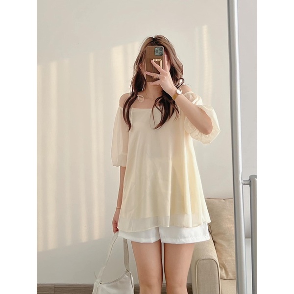 Áo trễ vai buộc dây vai tay bồng voan tơ mặc 2 kiểu