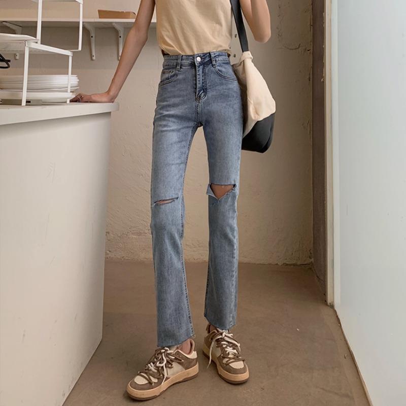 COZOK Quần Jean Rách Ống Thẳng Lưng Cao Co Giãn Thời Trang