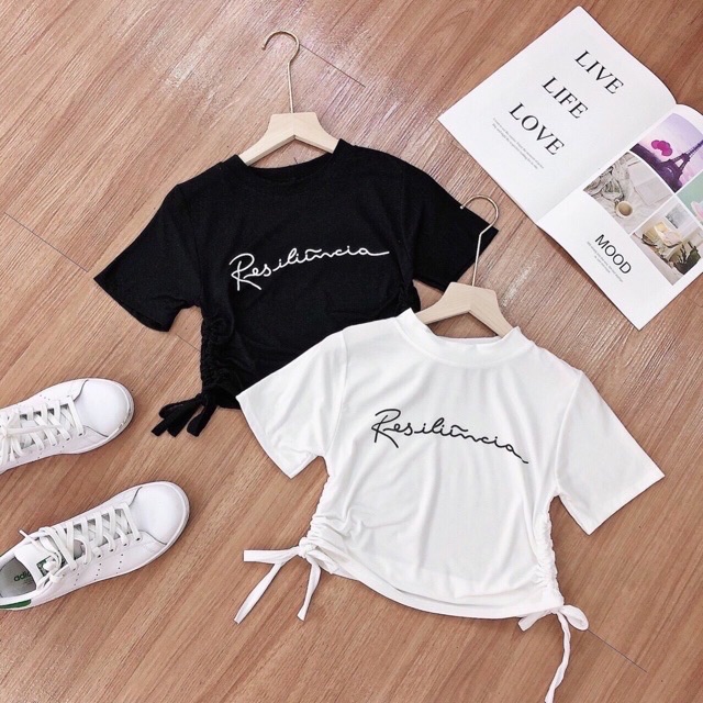 ÁO THUN RÚT DÂY CROPTOP IN CHỮ NHỎ - B0P
