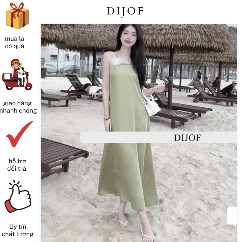 Đầm maxi, váy maxi đi biển 2 dây lụa dài màu xanh bơ thiết kế phong cách sang chảnh gợi cảm