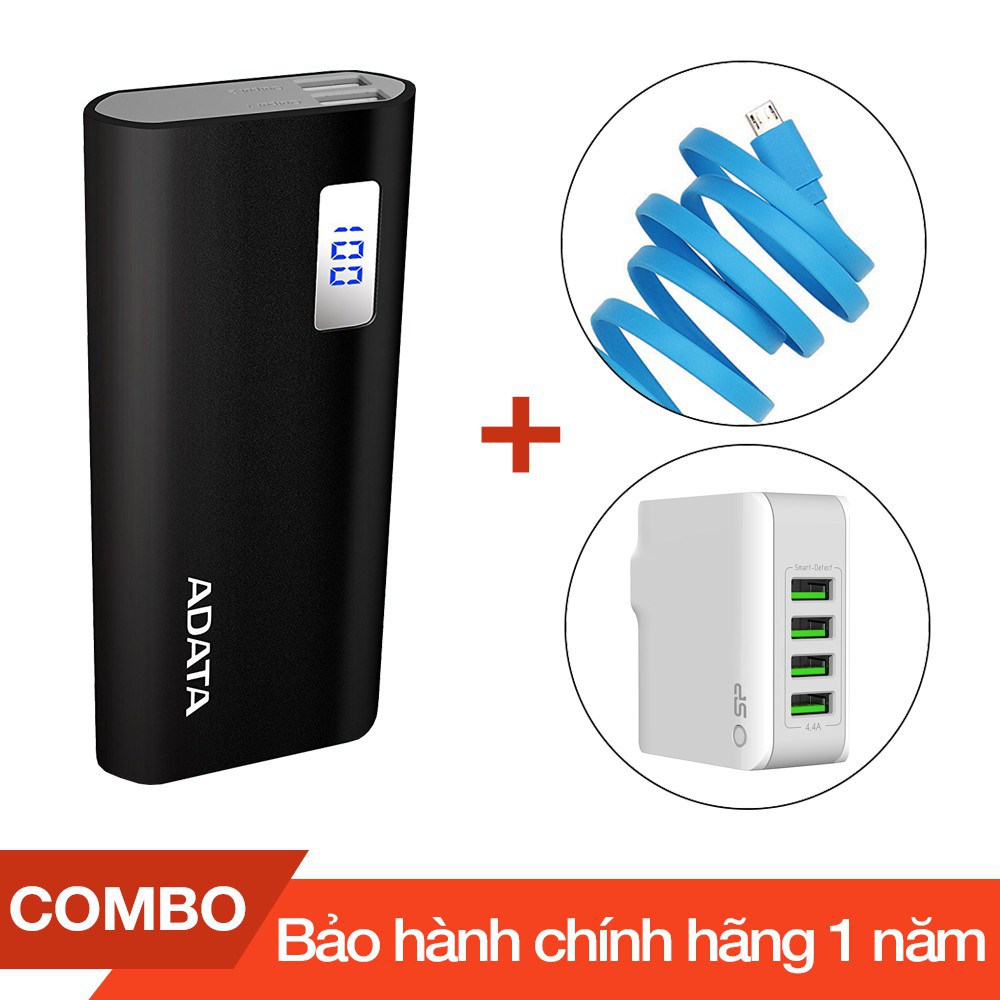 Combo Pin sạc dự phòng 12500mAh P12500D ADATA + Cáp sạc micro USB Romoss dài 1m + Cốc sạc 4 cổng USB 4.4A - Chính hãng