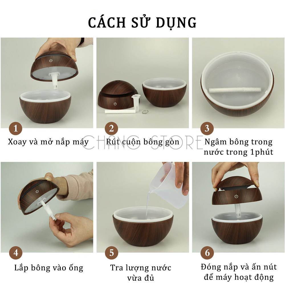 Máy phun sương tạo ẩm, máy khuếch tán tinh dầu vân gỗ cổ thấp + Tặng kèm 1 lọ tinh dầu 10ml thiên nhiên