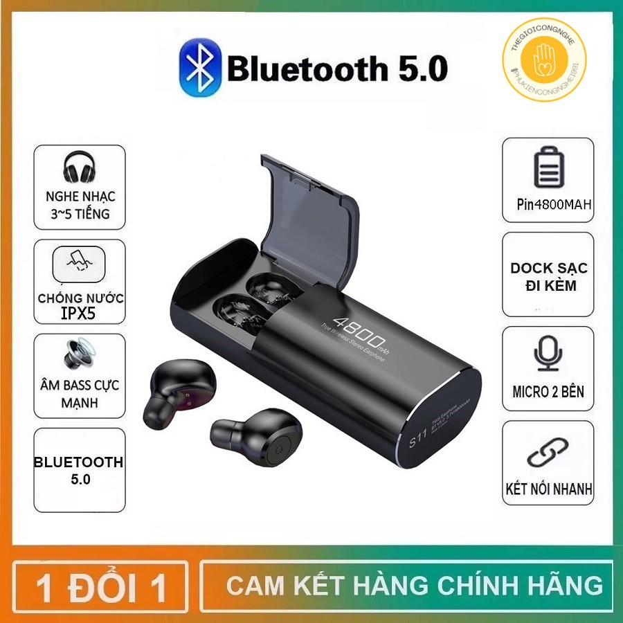 Tai Nghe Bluetooth Không Dây 5.0 Kiêm Sạc Dự Phòng S11 Chất Lượng Cao, Chống Nước IPX5, Chống ồn.Pin cực trâu