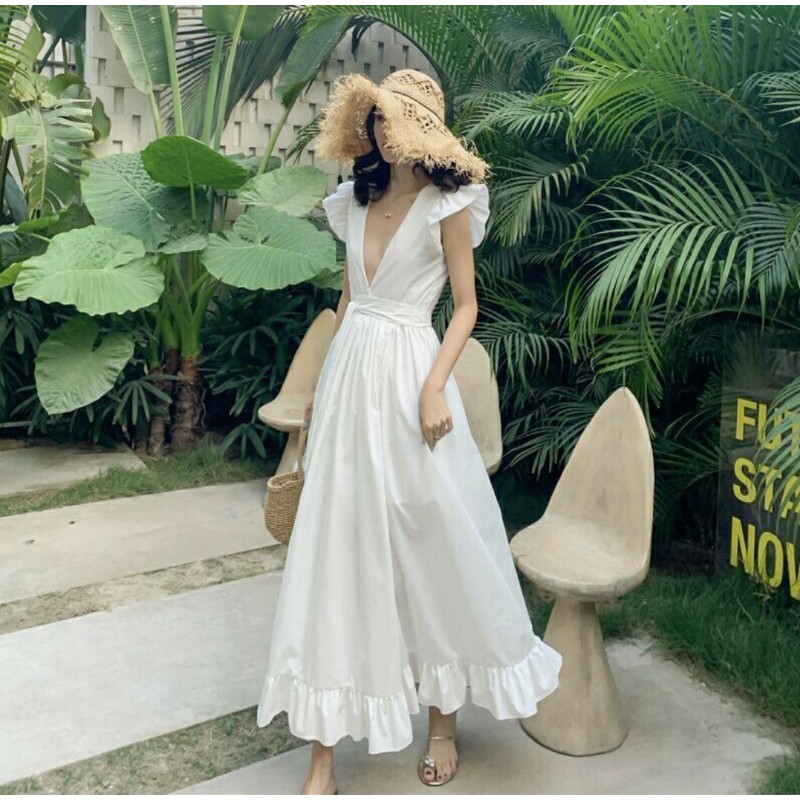 Đầm Vintage Tay Cánh Tiên Cổ V Hở Lưng SEXY Quyến Rũ kèm hình ảnh thật