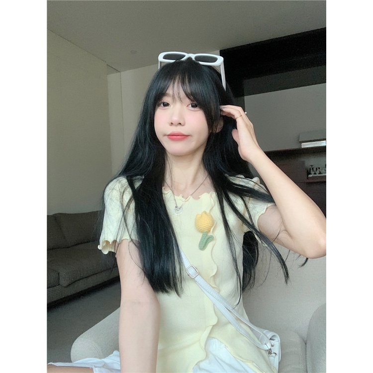 Áo sweater dệt kim Xiaozhainv tay ngắn in hoa phong cách Hàn Quốc có 3 màu lựa chọn thời trang cho nữ