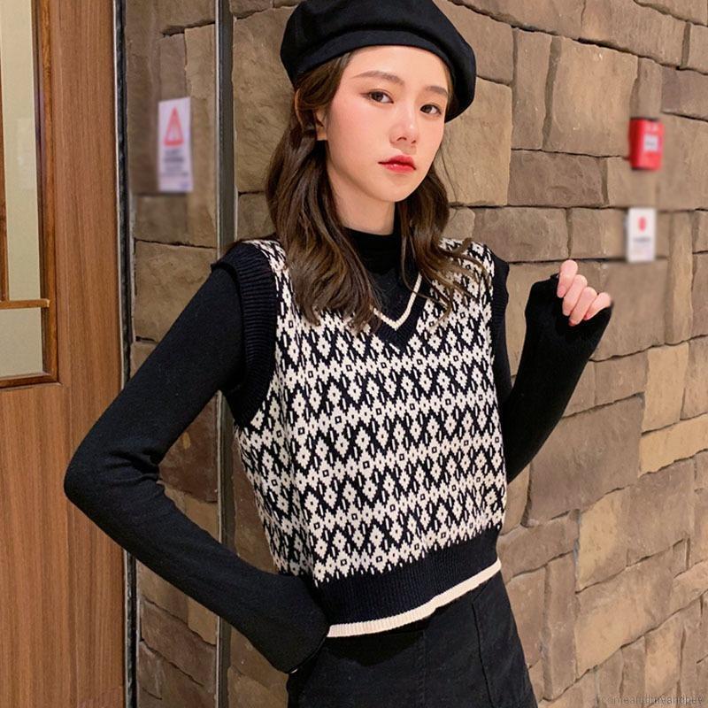 Áo dệt kim sát nách cổ chữ V màu sắc tương phản trẻ trung phong cách Hàn Quốc | BigBuy360 - bigbuy360.vn