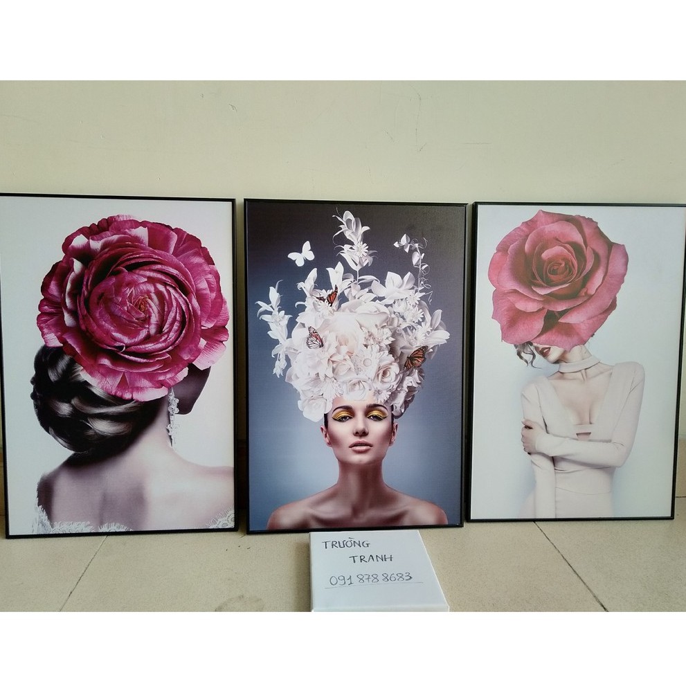 [ bán giá gôc] Tranh canvas khung cao cấp 40x60cm x 3 tranh VIP mới mua được - cô gái đội hoa trắng tím FreeShip#Giảm gi