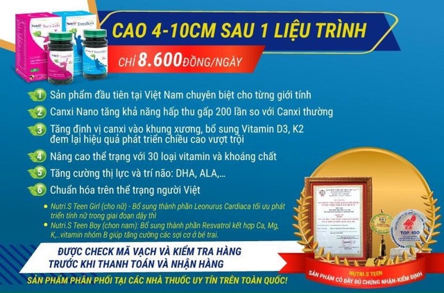 ( Mua 5 Tặng 1 ) NUTRIS Teen - Tăng Chiều Cao - Tăng Sức Đề Kháng...