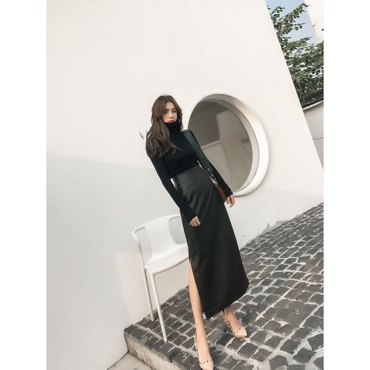 Chân Váy Da Dáng Dài Ôm Hông Xẻ Tà Một Bên Eo Cao Thời Trang Xuân Thu 2022