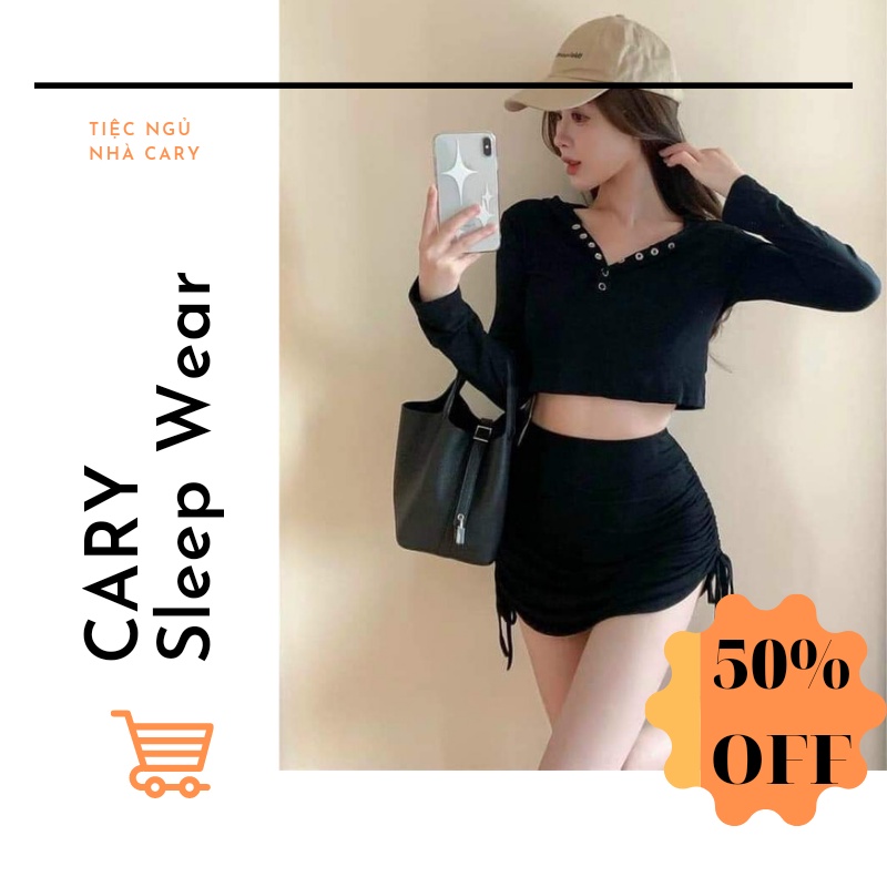 Set áo croptop mix chân váy body rút dây CARY