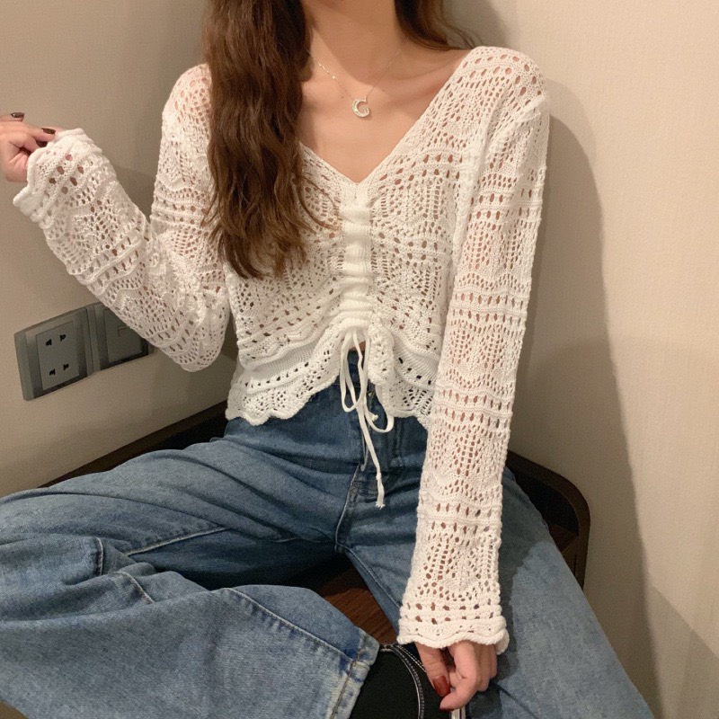 [ÁO KIỂU NỮ] Áo Len Nữ Rút Ngực, Croptop Nữ Chất Len Lưới Mix Áo Dây, Quần Siêu Xinh | BigBuy360 - bigbuy360.vn