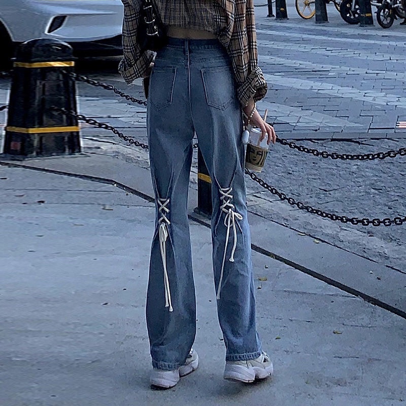 Quần Jeans ống rộng thắt dây ống quần cá tính thời trang