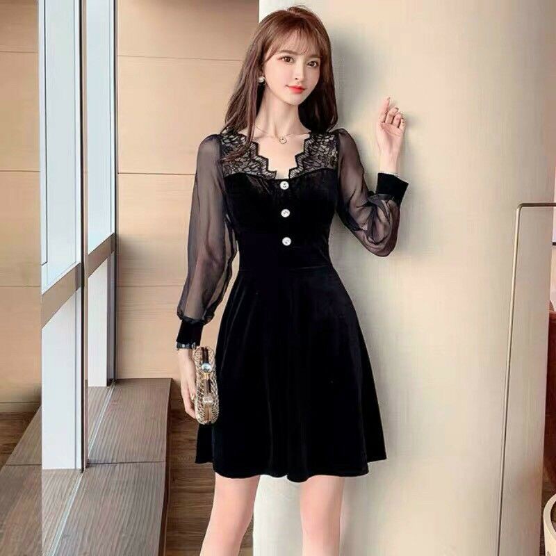 Hàng nhập - Đầm dáng xòe nhung viền ren đăng, váy dự tiệc tay voan