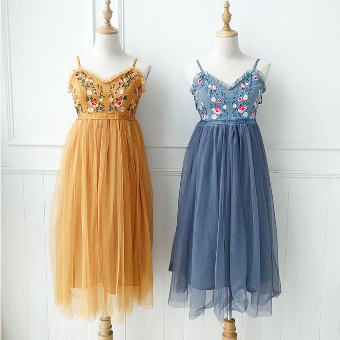 Đầm Hai Dây Nữ Dự Tiệc Thêu Hoa 861