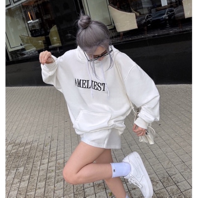 ( TẶNG BAO LÌ XÌ ) Áo Hoodie Nỉ Form Rộng Màu Trắng Thêu Chữ Amelie
