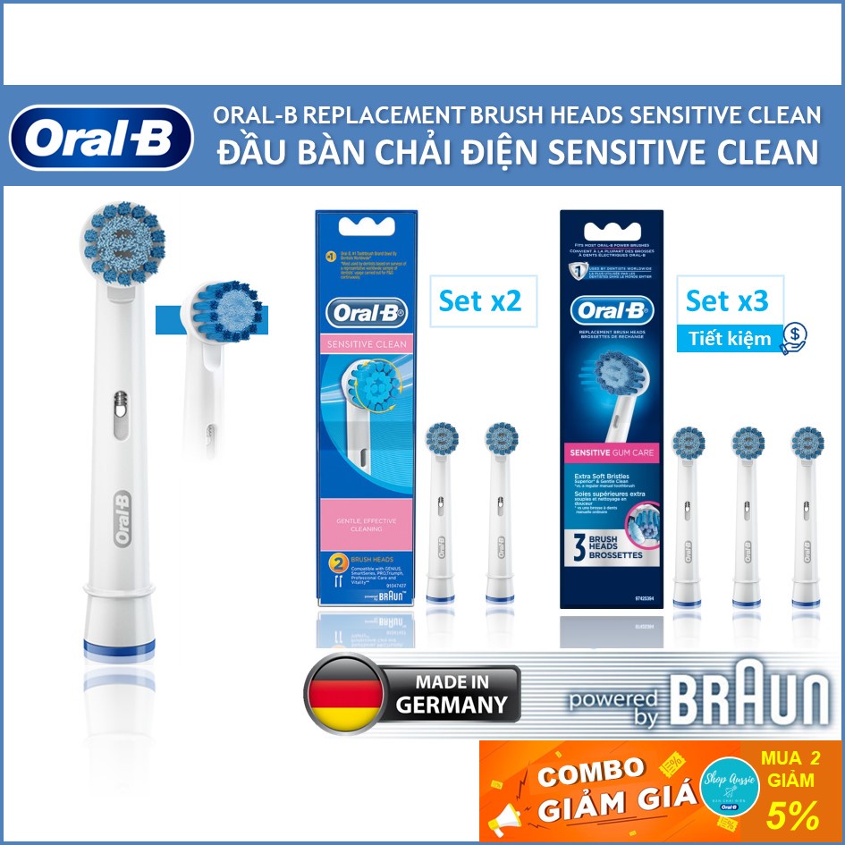 Đầu Bàn Chải Điện Oral-B Braun - Đầu Thay Thế Oral B Sensitive Clean - Lông chải siêu mềm cho răng nhạy cảm