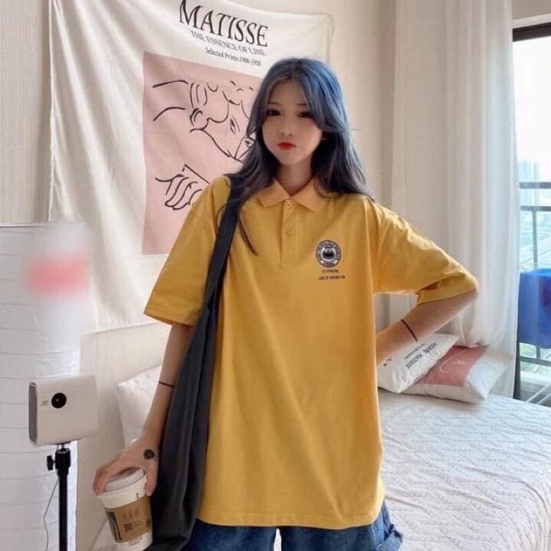 Áo thun tay lỡ có cổ dạng polo basic LoGo ngực màu vàng cực nổi bật mùa hè, áo thun