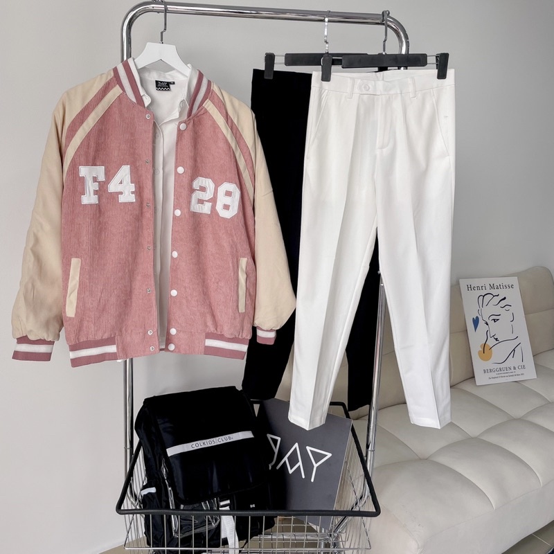 Áo Khoác Bomber F428 nhung gân 2 lớp màu ĐEN/XANH/NÂU/HỒNG✨chữ thêu tay phối 🧸 Jaystoree