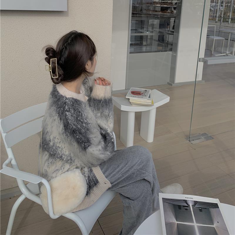 Áo khoác cardigan dáng rộng/Quần ống rộng màu xám phong cách hàn quốc thời trang cho nữ