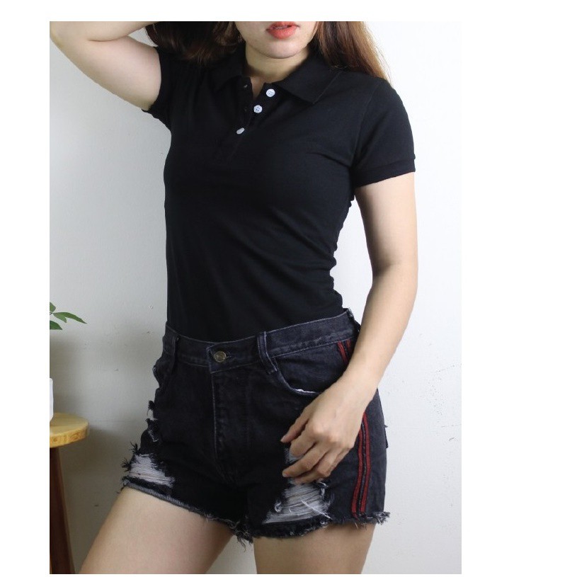 ÁO THUN PO LO MÀU ĐEN NAM / NỮ CỘC TAY CỔ BẺ 8YYU1