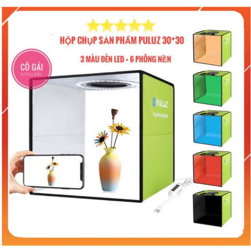 Hộp Chụp Sản Phẩm PULUZ 30x30 cm - 3 chế độ Đèn Led Siêu Sáng + Tặng kèm 6 phông nền - Đô