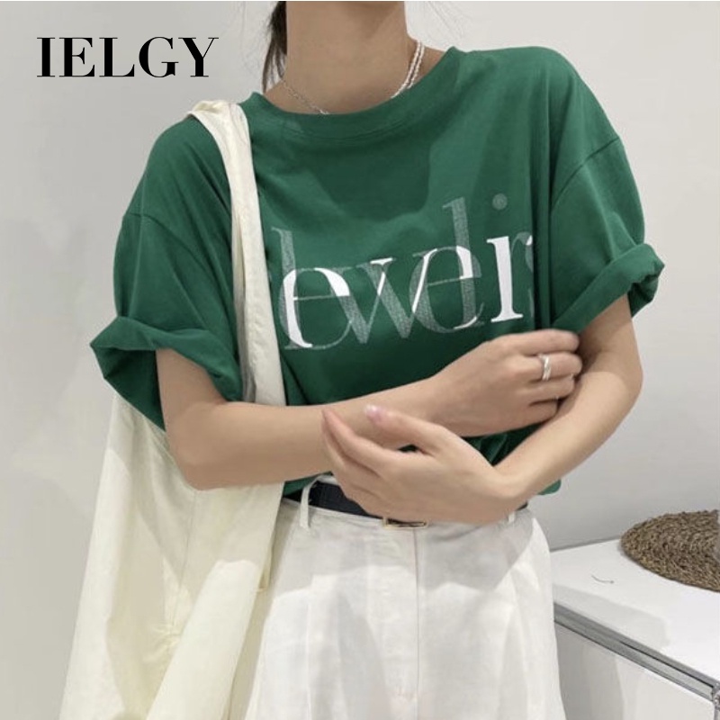 Áo thun IELGY tay ngắn dáng rộng in chữ phong cách Hàn Quốc thời trang mùa hè cho nữ