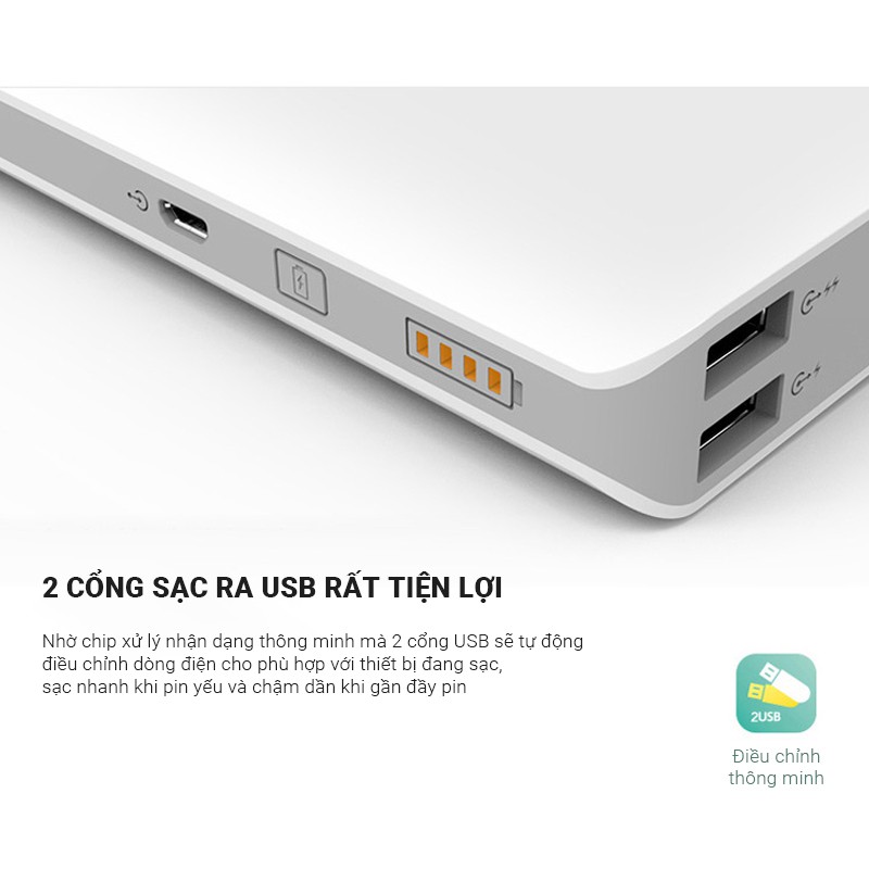 Pin sạc dự phòng Romoss Sense 4 10000mAh có 2 cổng sạc ra USB, 1 cổng sạc vào Micro hỗ trợ sạc nhanh tốc độ 2.1A nhỏ gọn