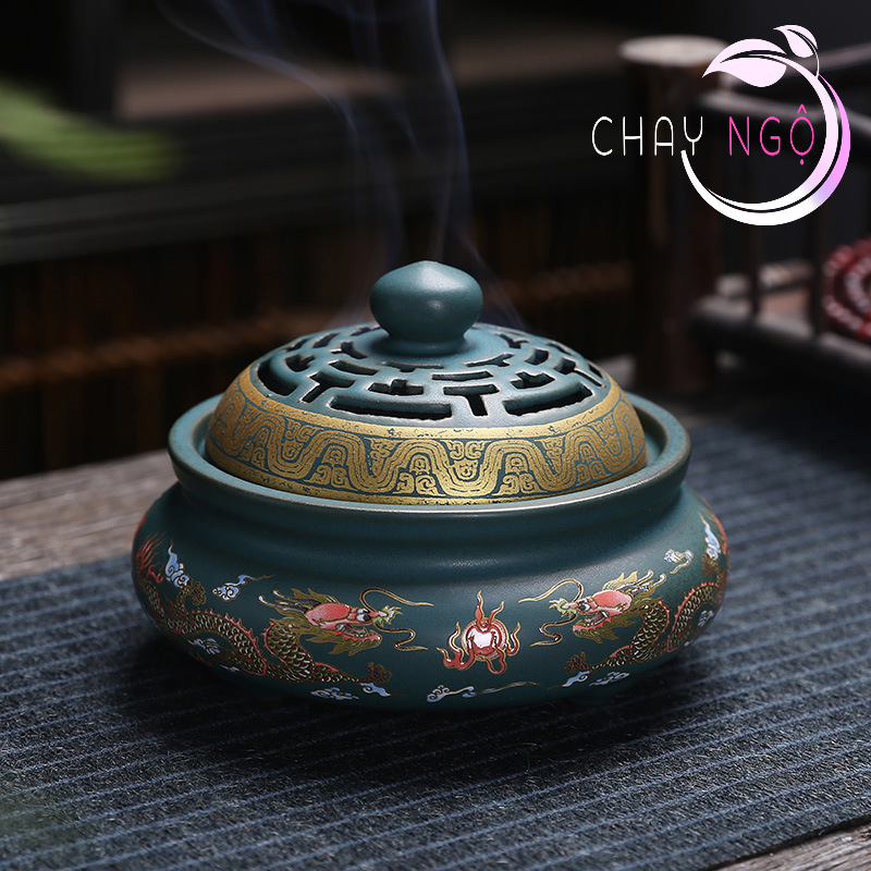 Lư Xông Trầm Hương Đỉnh đốt nhang bằng gốm sứ cao cấp có hoa văn chạm khắc - Lư bầu hình rồng
