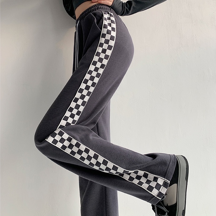 SUXI Quần ống rộng Họa Tiết Sọc Caro Phong Cách Hàn Quốc Cá Tính Cho Nữ