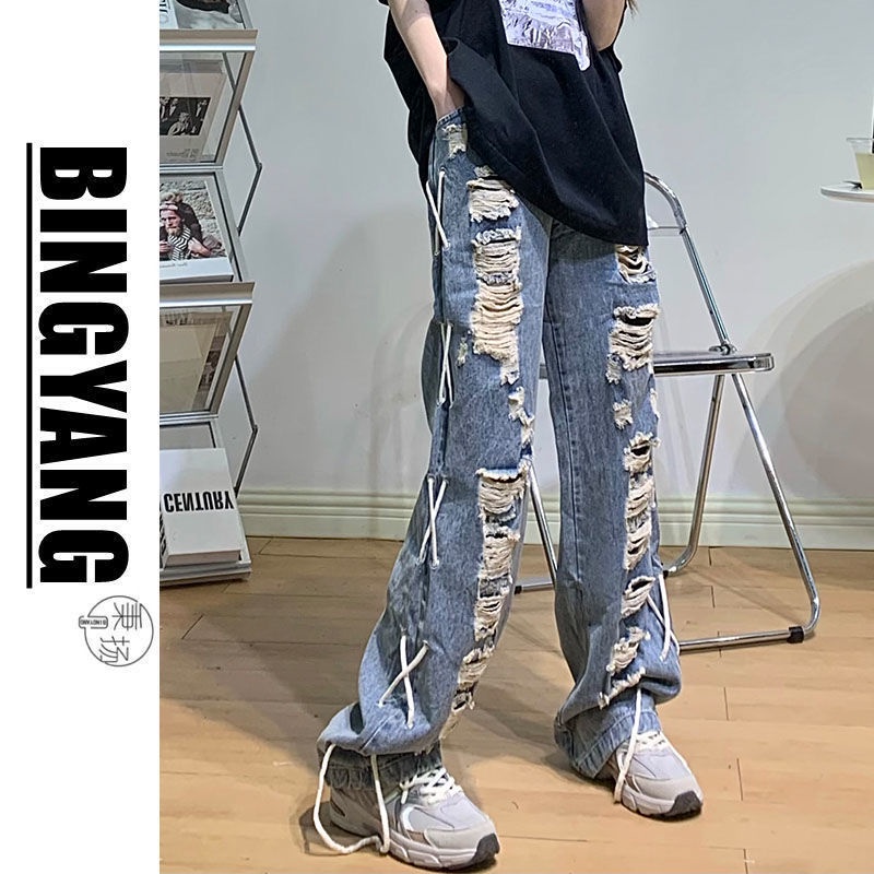 Quần Jean Ống Rộng Dáng Suông Cột Dây Phối Tua Rua Phong Cách Retro Hợp Thời Trang Cho Nam Và Nữ