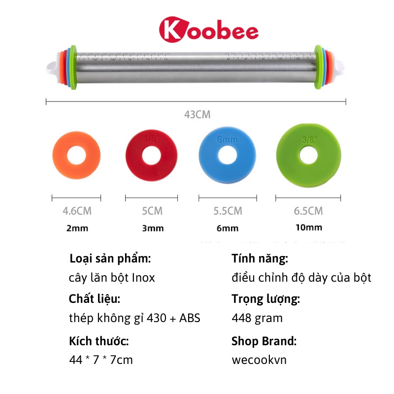 Cây lăn bột Inox 43cm có thể điều chỉnh theo độ dày của bột KOOBEE - Dụng cụ làm bánh cao cấp