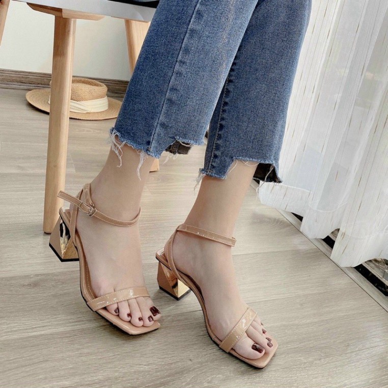 [Hàng Chất - Fullbox] Sandal / Giày cao gót nữ 5 cm gót trụ tag vàng màu đen nude coa cấp công sở đi làm đi chơi