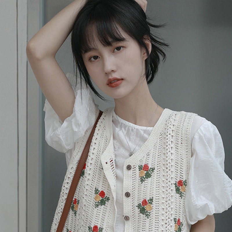 Áo Khoác Cardigan Dệt Kim Không Tay Cổ Chữ V Họa Tiết Hoa Vintage Cho Nữ