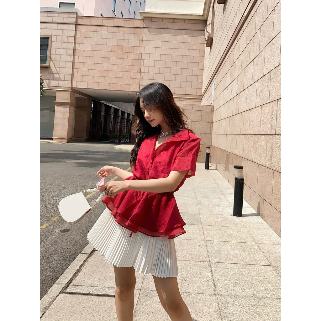 TUBYCATU | Áo organza đỏ cổ bẻ rút eo