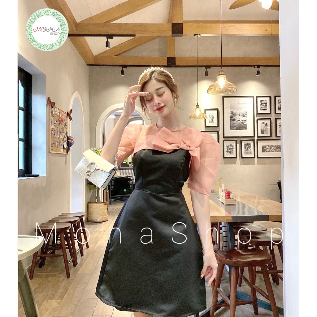 Đầm nữ váy thiết kế cổ tròn tay phồng dáng xoè có nơ ngực sang chảnh cao cấp | BigBuy360 - bigbuy360.vn