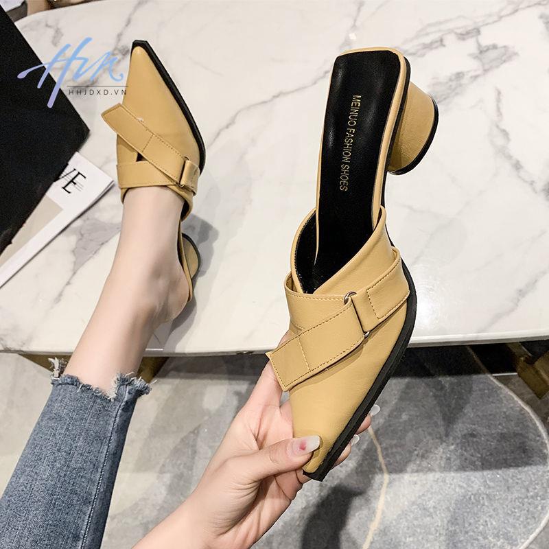Dép Bít Mũi Nhọn Gót Vừa Dày Dặn Phong Cách Âu Mỹ Mới